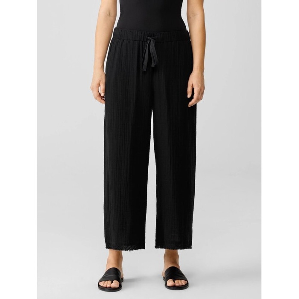 Eileen Fisher Black Organic Cotton Gauze Wide Leg Drawstring Pants Womens Small